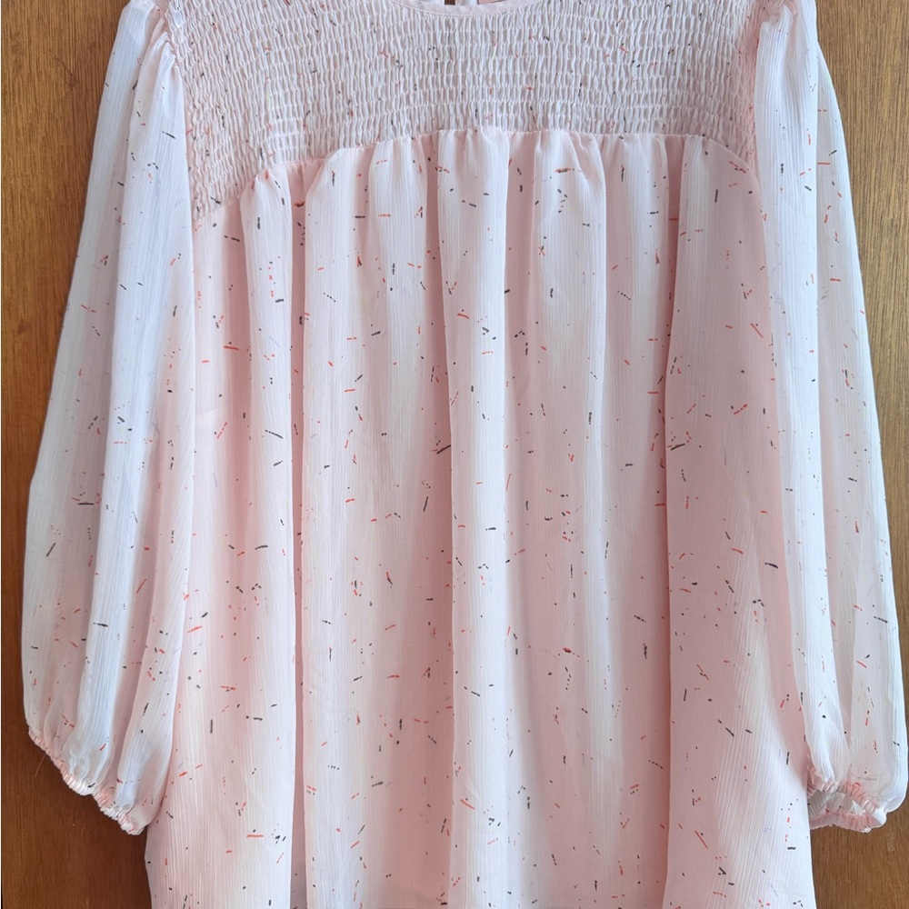 EVRI Pink and White Smocked 3/4 Sleeve Blouse